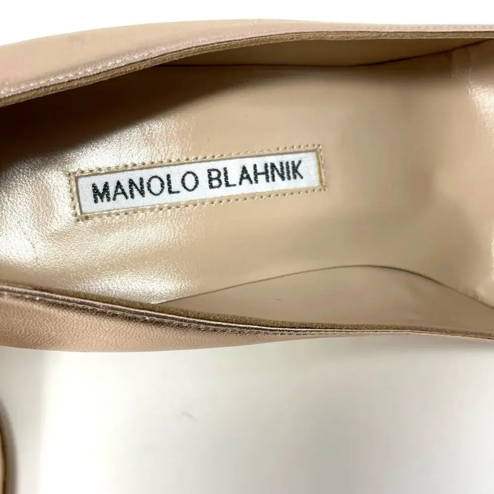 Manolo Blahnik Hangisi Rose Gold Metallic Leather Crystal Buckle Pump Heel EU 37 - Picture 13 of 14
